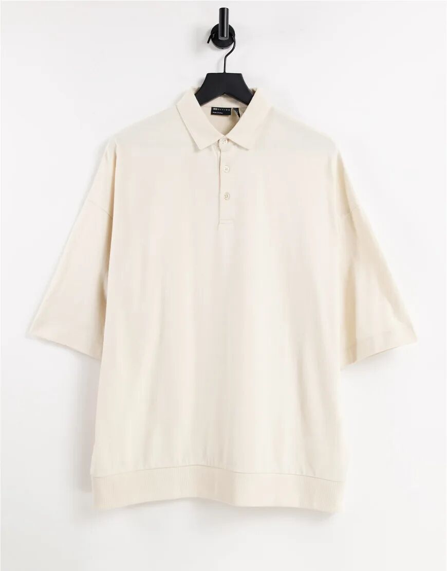 ASOS DESIGN oversized polo with half sleeve in brushed cotton in beige-Neutral  Neutral