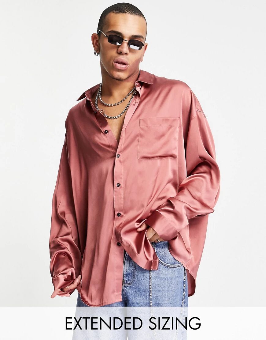 ASOS DESIGN oversized satin shirt with dip back hem in dusky pink  Pink