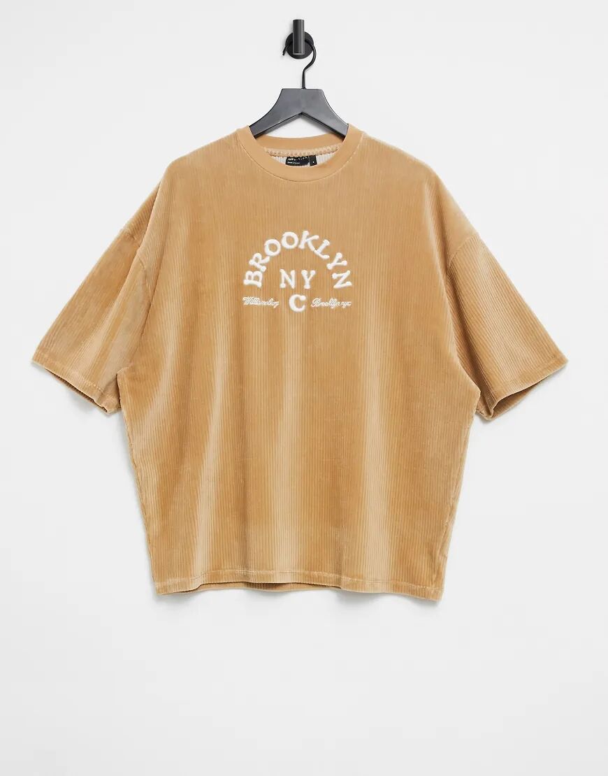 ASOS DESIGN oversized t-shirt in tan cord with Brooklyn print-Neutral  Neutral