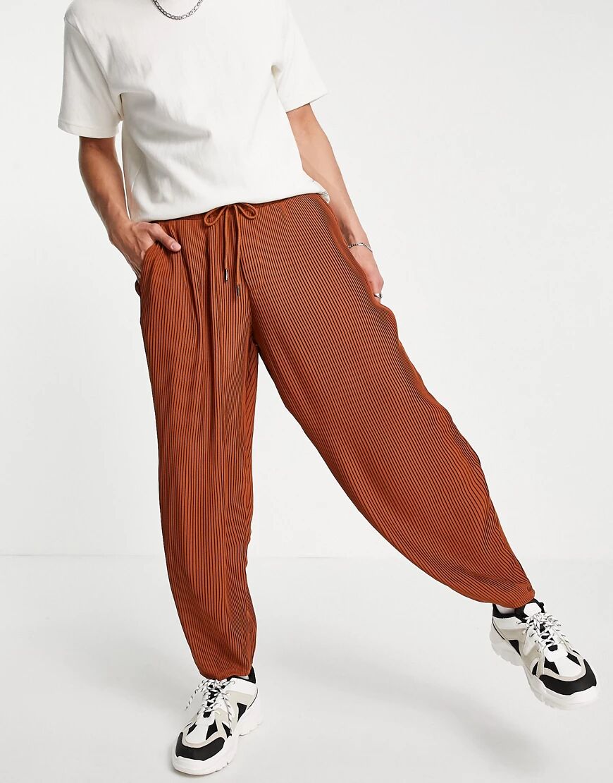 ASOS DESIGN oversized tapered smart trouser in rust plisse with elasticated waist-Brown  Brown