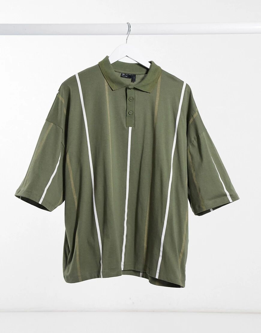 ASOS DESIGN oversized vertical stripe polo with tipped neck-Green  Green