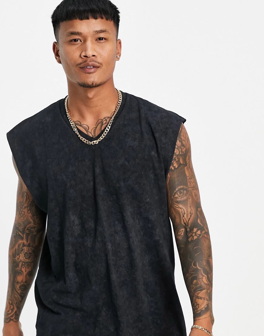 ASOS DESIGN oversized vest in washed black with v neck  Black