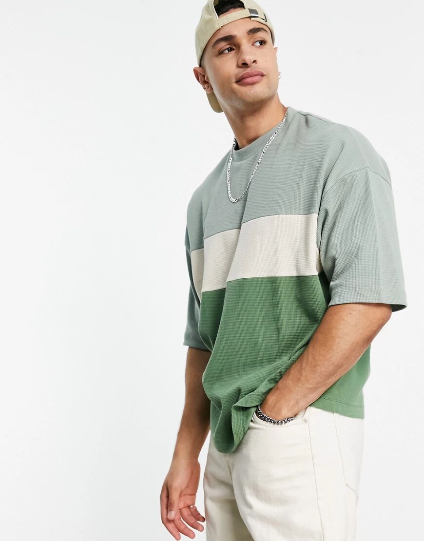 ASOS DESIGN oversized waffle t-shirt in green & beige colour block  Green