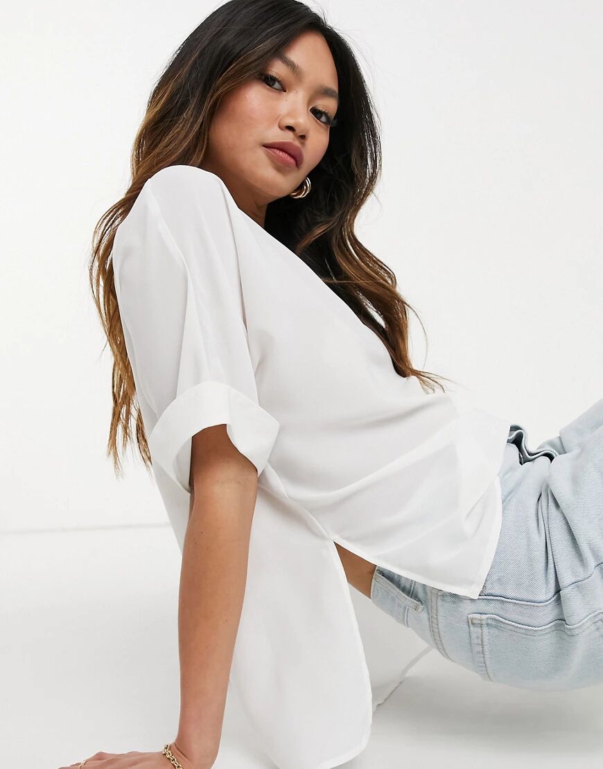 ASOS DESIGN oversized woven tee with roll sleeve in ivory-White  White
