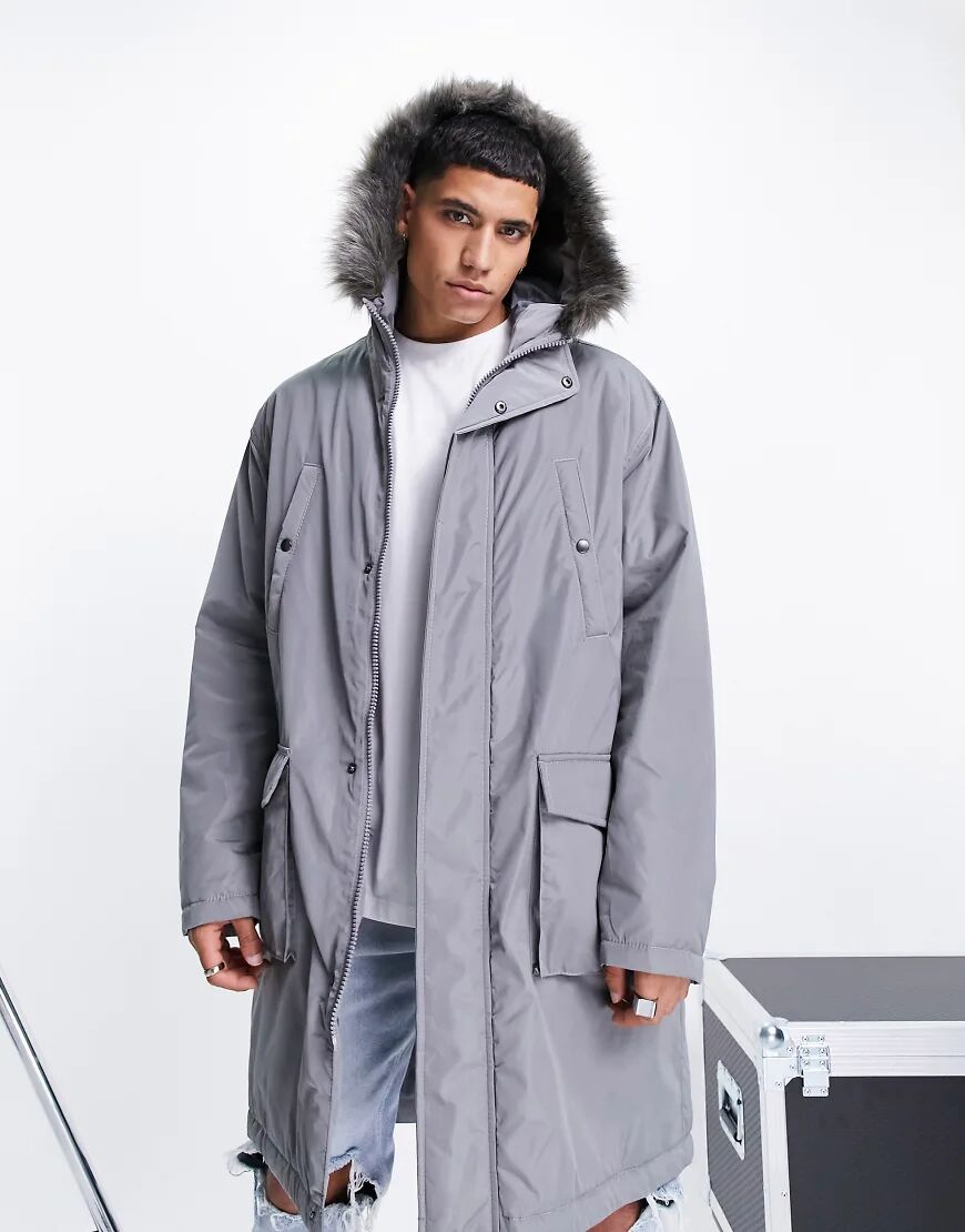 ASOS DESIGN parka jacket with faux fur trim hood in grey  Grey