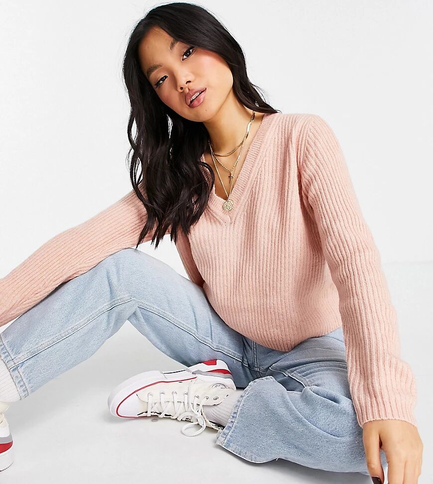 ASOS Petite ASOS DESIGN Petite boxy jumper in v neck with rib in pink  Pink