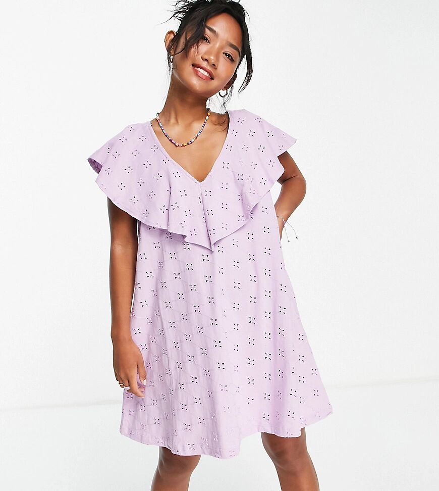 ASOS DESIGN Petite broderie v frill over layer dress in lilac-Purple  Purple