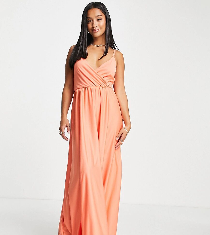 ASOS Petite ASOS DESIGN Petite cami plunge tie back maxi dress in coral-Pink  Pink