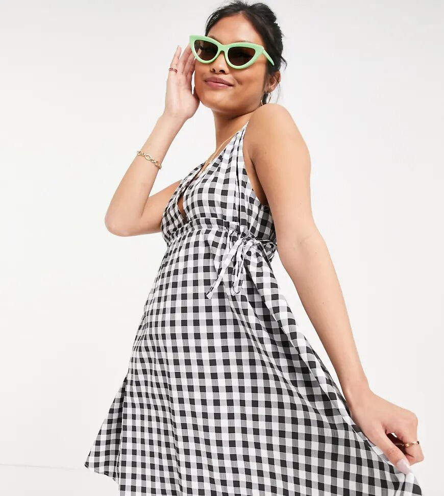 ASOS Petite ASOS DESIGN Petite cotton poplin plunge mini sundress with ruched waist in mono gingham-Multi  Multi