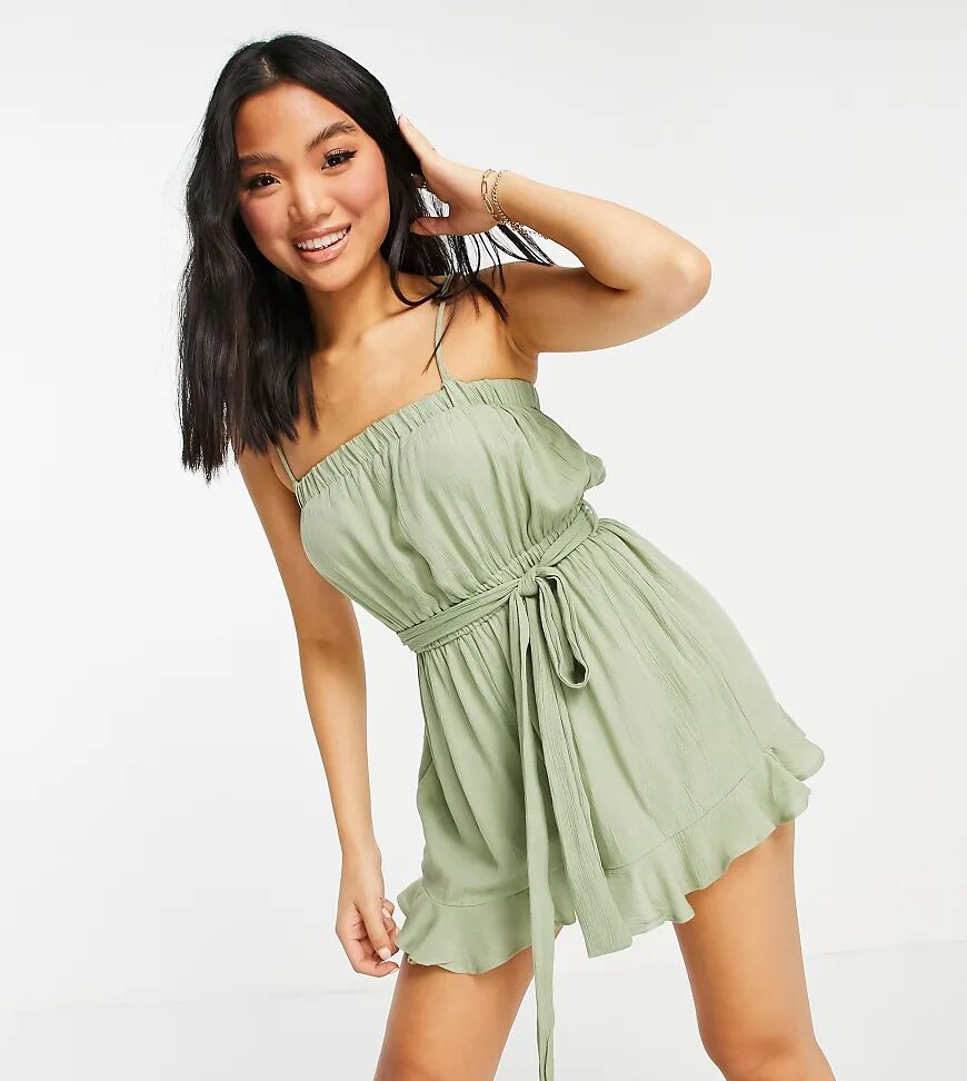 ASOS Petite ASOS DESIGN petite crinkle frill hem tie waist playsuit in sage green-Black  Black