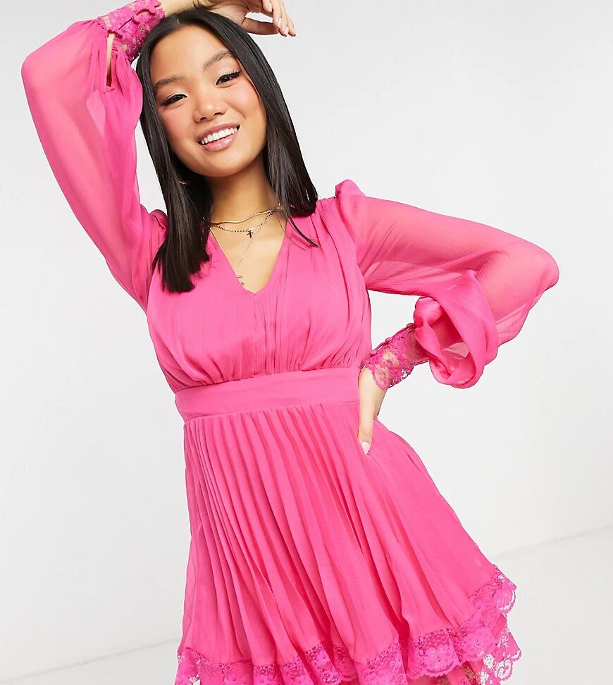 ASOS Petite ASOS DESIGN Petite Exclusive pleated skater mini dress with lace detail in hot pink  Pink
