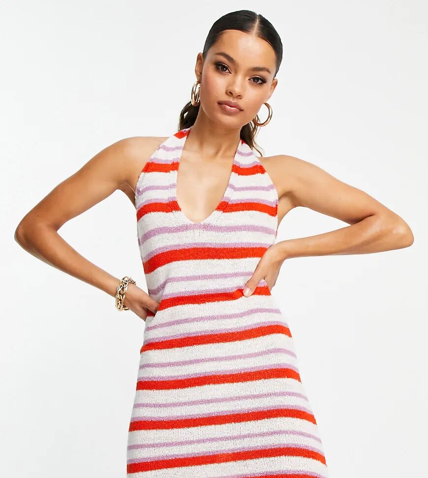 ASOS Petite ASOS DESIGN Petite knitted mini dress with halter neck in multi stripe  Multi