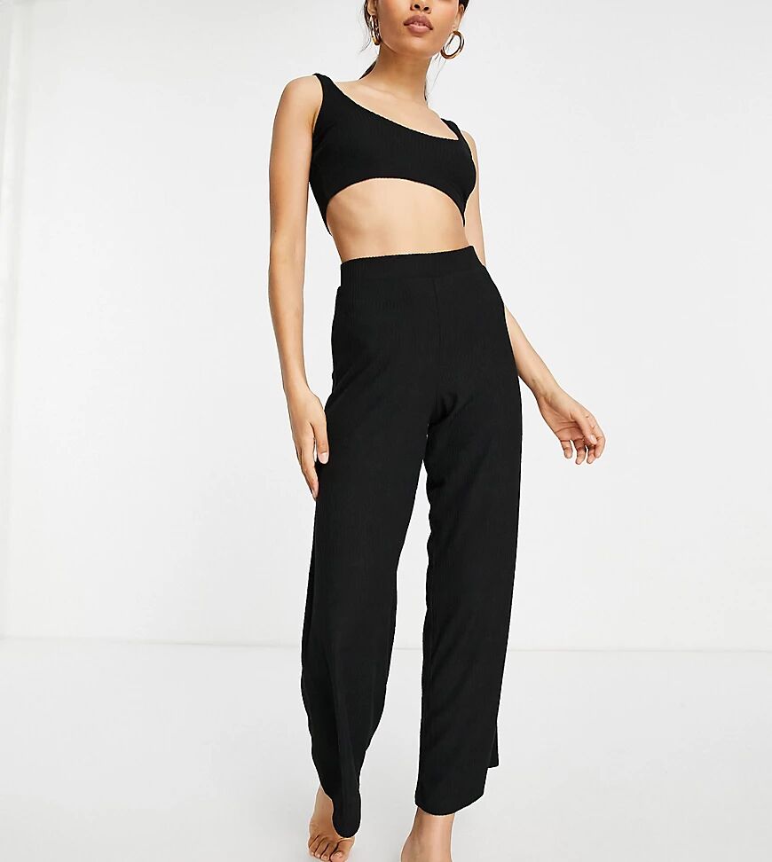 ASOS Petite ASOS DESIGN Petite lounge super soft rib crop top & wide leg trouser set in black  Black