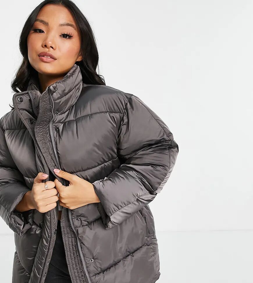 ASOS Petite ASOS DESIGN Petite luxe shiny oversized puffer jacket in charcoal-Grey  Grey