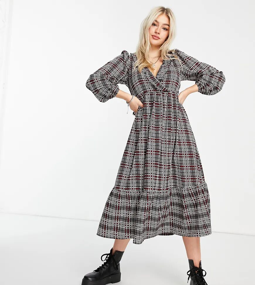 ASOS Petite ASOS DESIGN Petite midi smock dress with frill neck and tiered hem in rust check print  Red