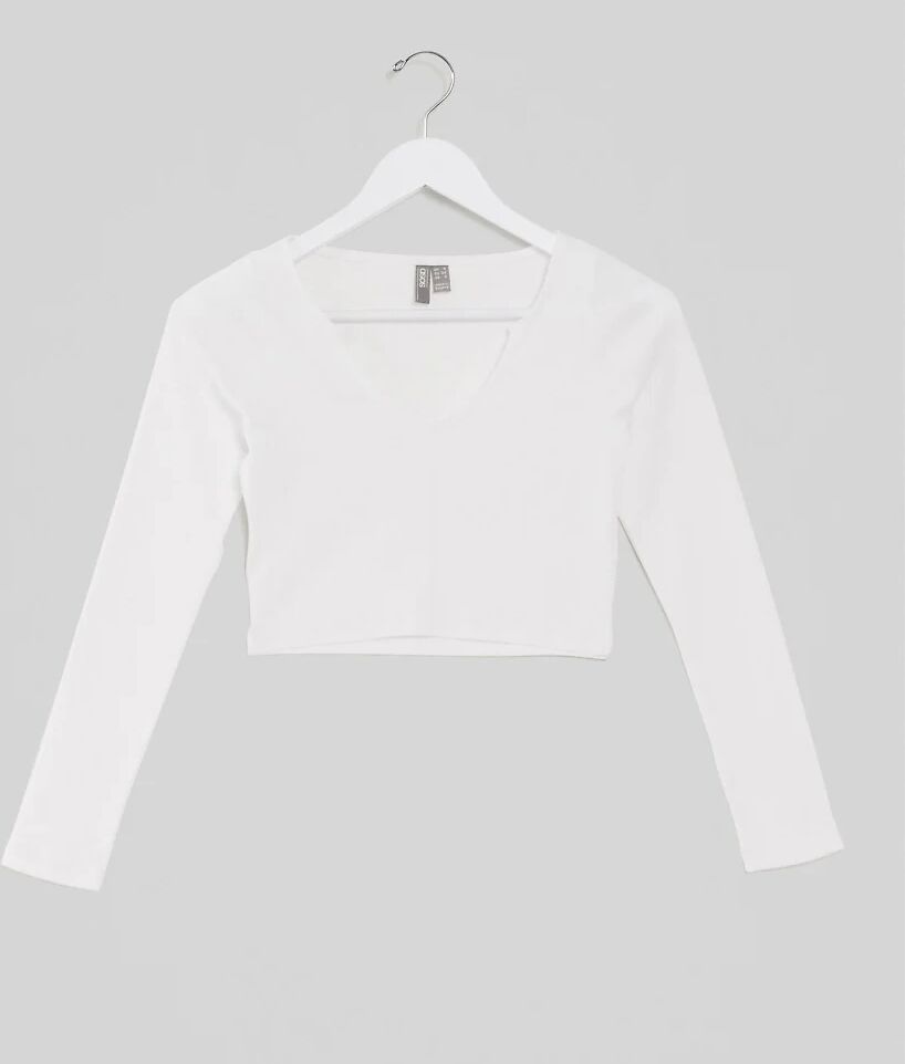 ASOS Petite ASOS DESIGN Petite notch front long sleeve crop top in rib in white  White