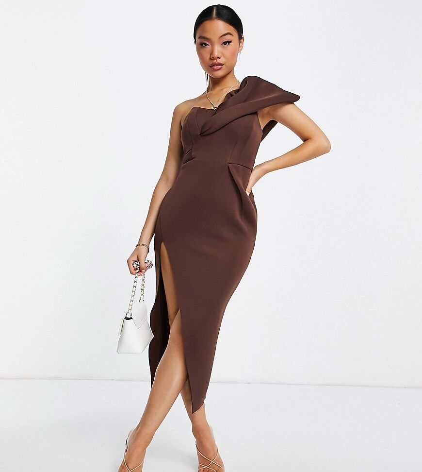 ASOS Petite ASOS DESIGN Petite one shoulder seamed bust midi dress with high leg split in chocolate-Multi  Multi