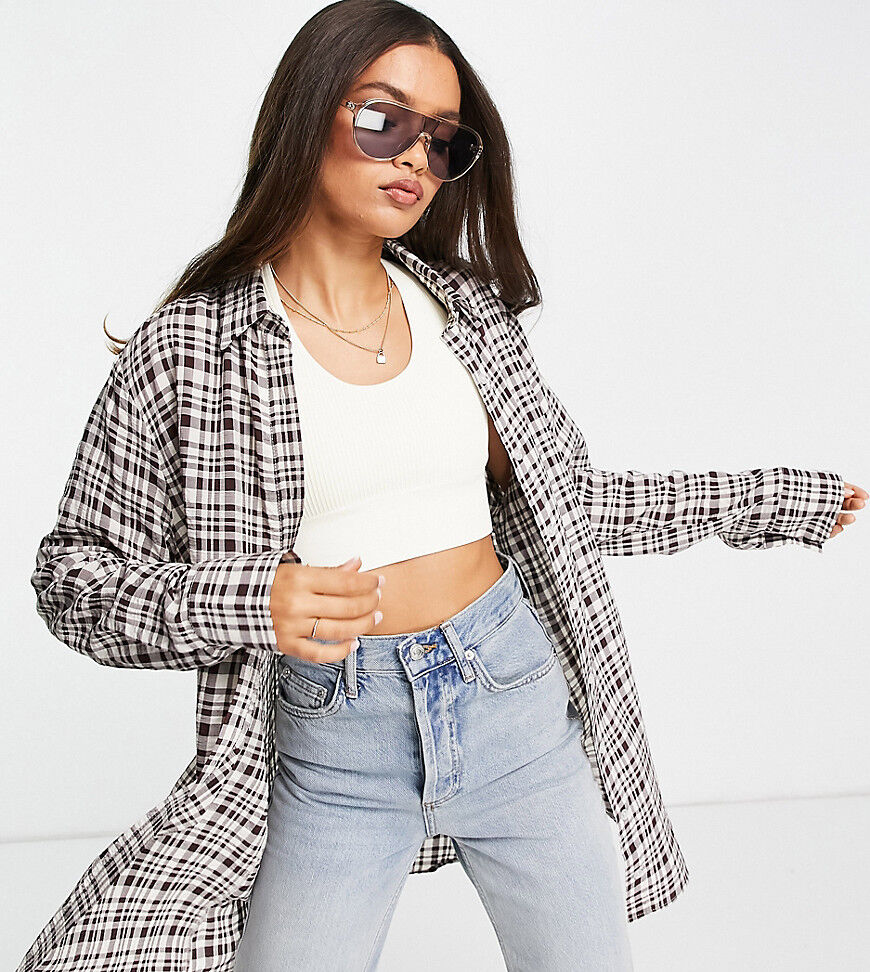 ASOS Petite ASOS DESIGN Petite oversized seer sucker shirt in brown check  Brown