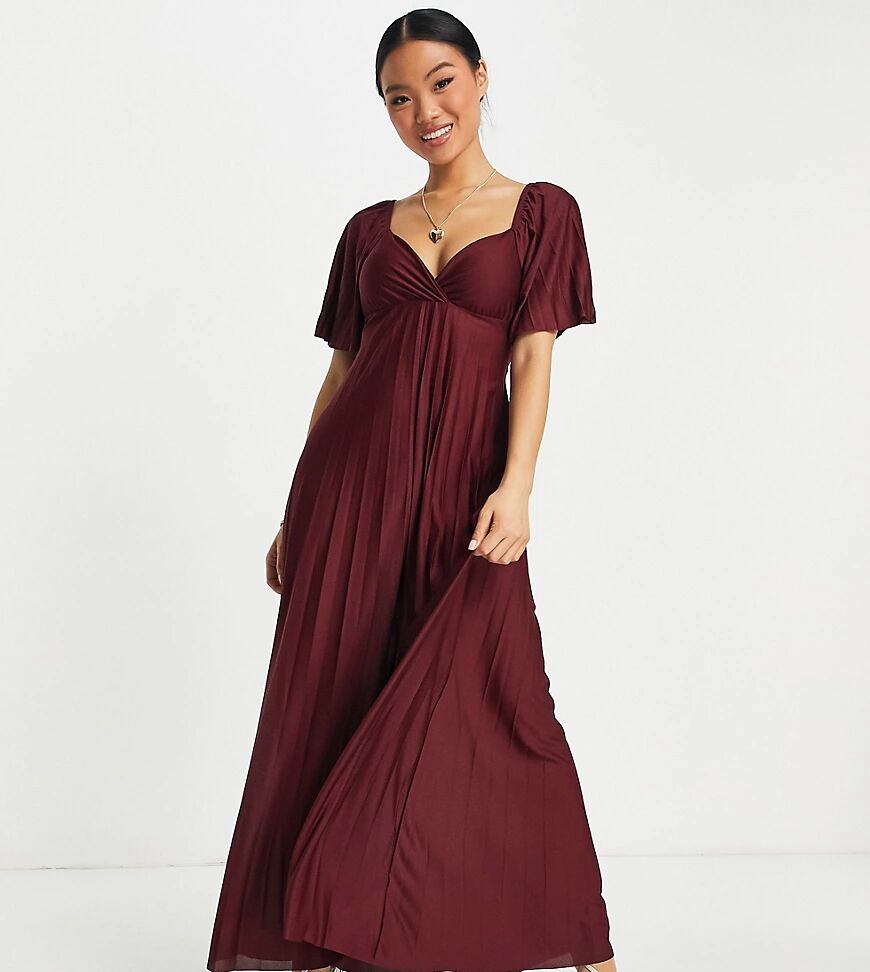 ASOS Petite ASOS DESIGN Petite pleated twist back cap sleeve maxi dress in oxblood-Red  Red