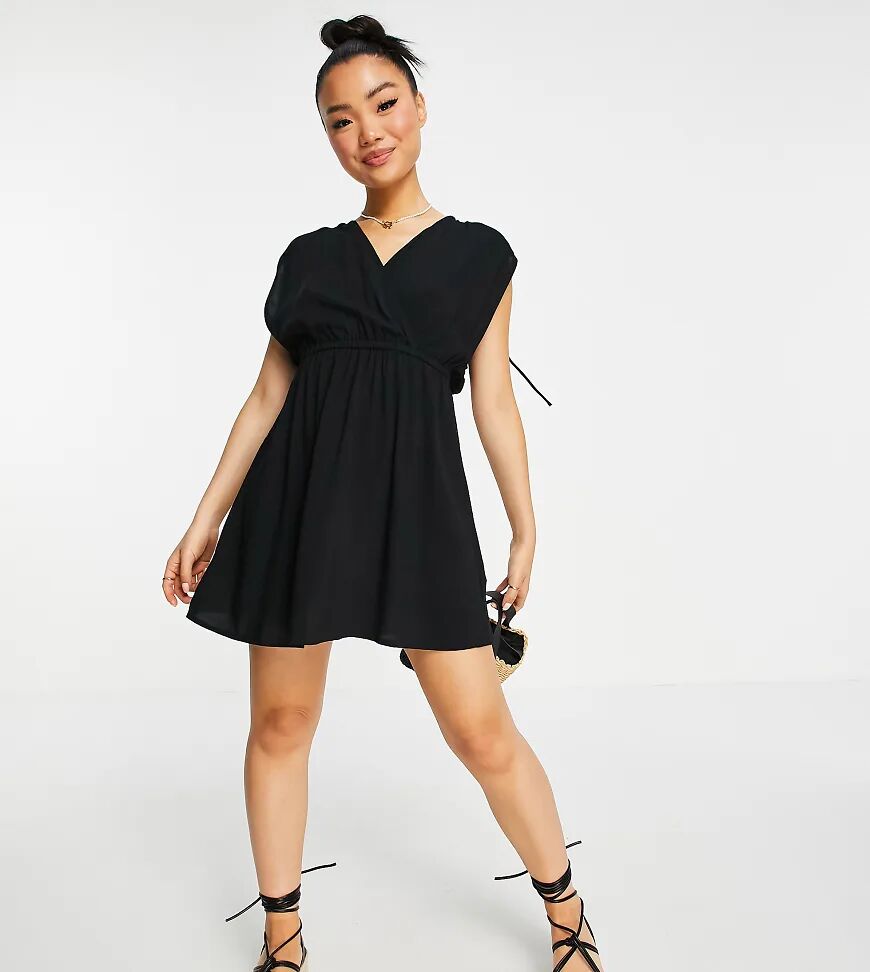 ASOS DESIGN petite recycled gathered detail mini beach dress in black  Black