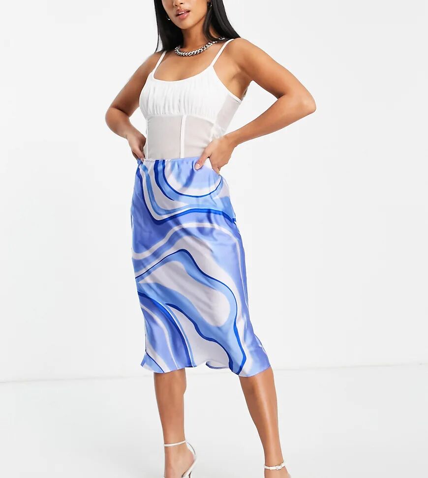 ASOS DESIGN Petite satin midi sip skirt in blue swirl print-Multi  Multi