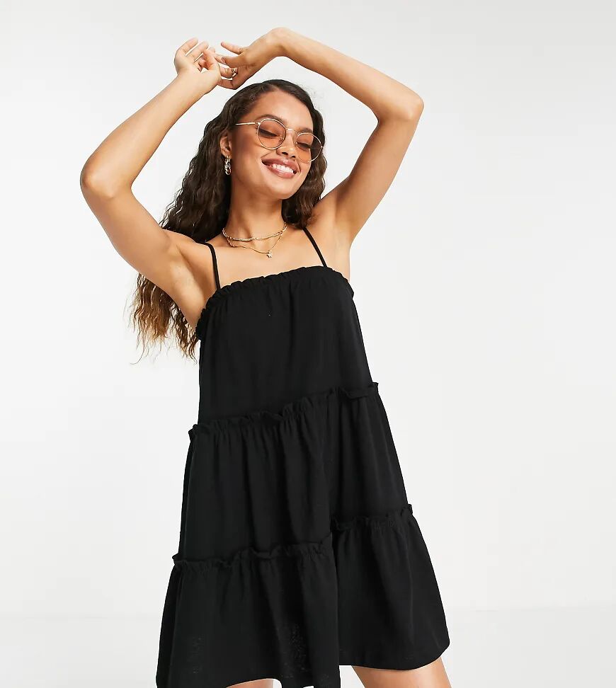 ASOS DESIGN Petite strappy sundress with tiered frill detail in black  Black