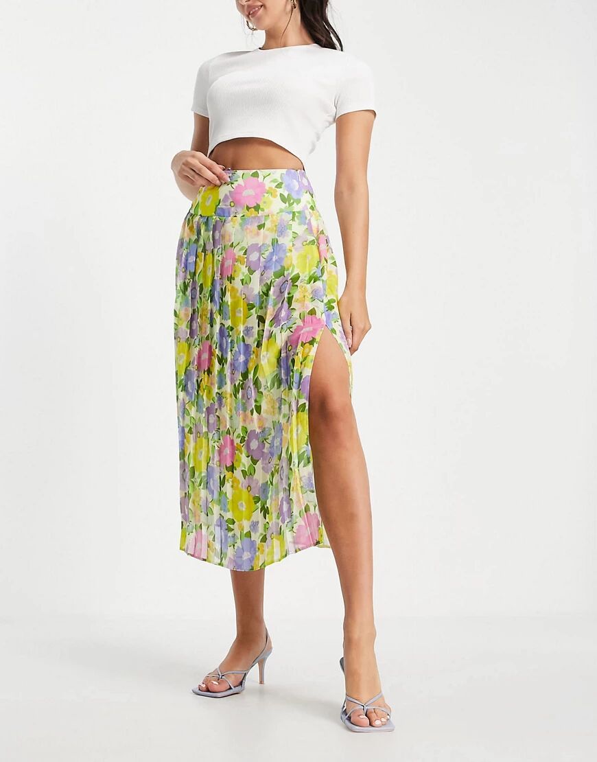 ASOS DESIGN pleated midi skirt with deep waistband in bright floral print-Multi  Multi