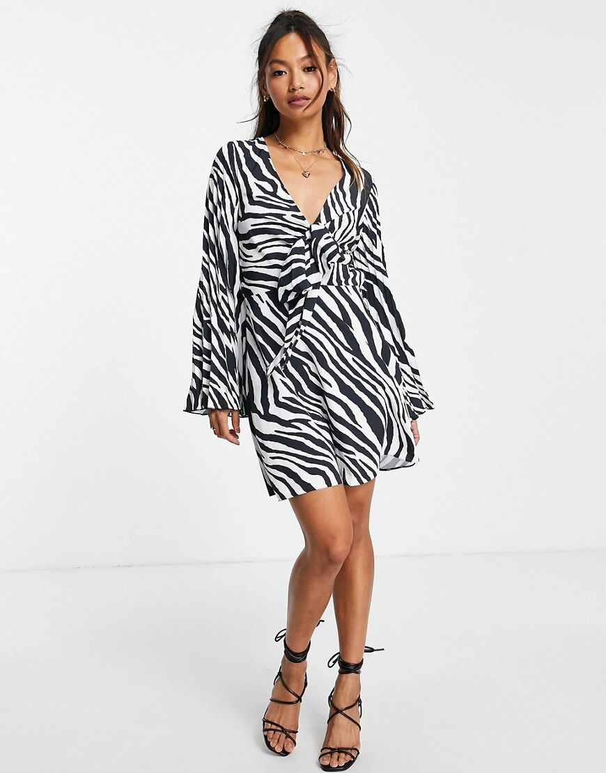 ASOS DESIGN pleated sleeve tie front mini dress in zebra print-Multi  Multi