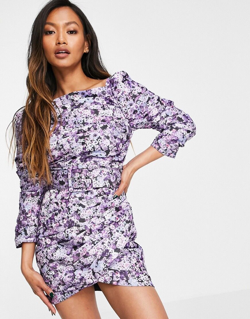 ASOS DESIGN pleated sqaure neck mini dress in floral print with self belt-Purple  Purple