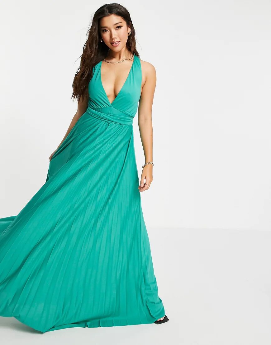 ASOS DESIGN plunge halter cross back self tie pleated maxi dress in aqua-Blue  Blue