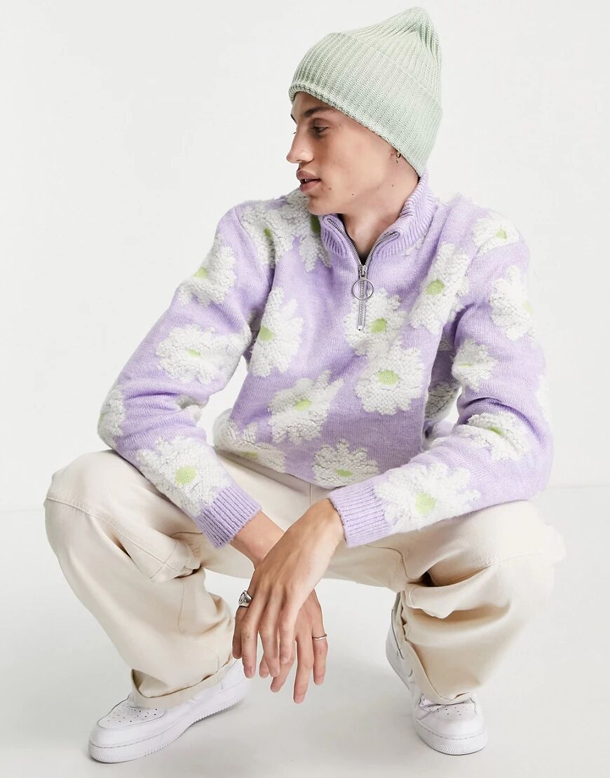 ASOS DESIGN plush floral half zip jumper in lilac-Purple  Purple