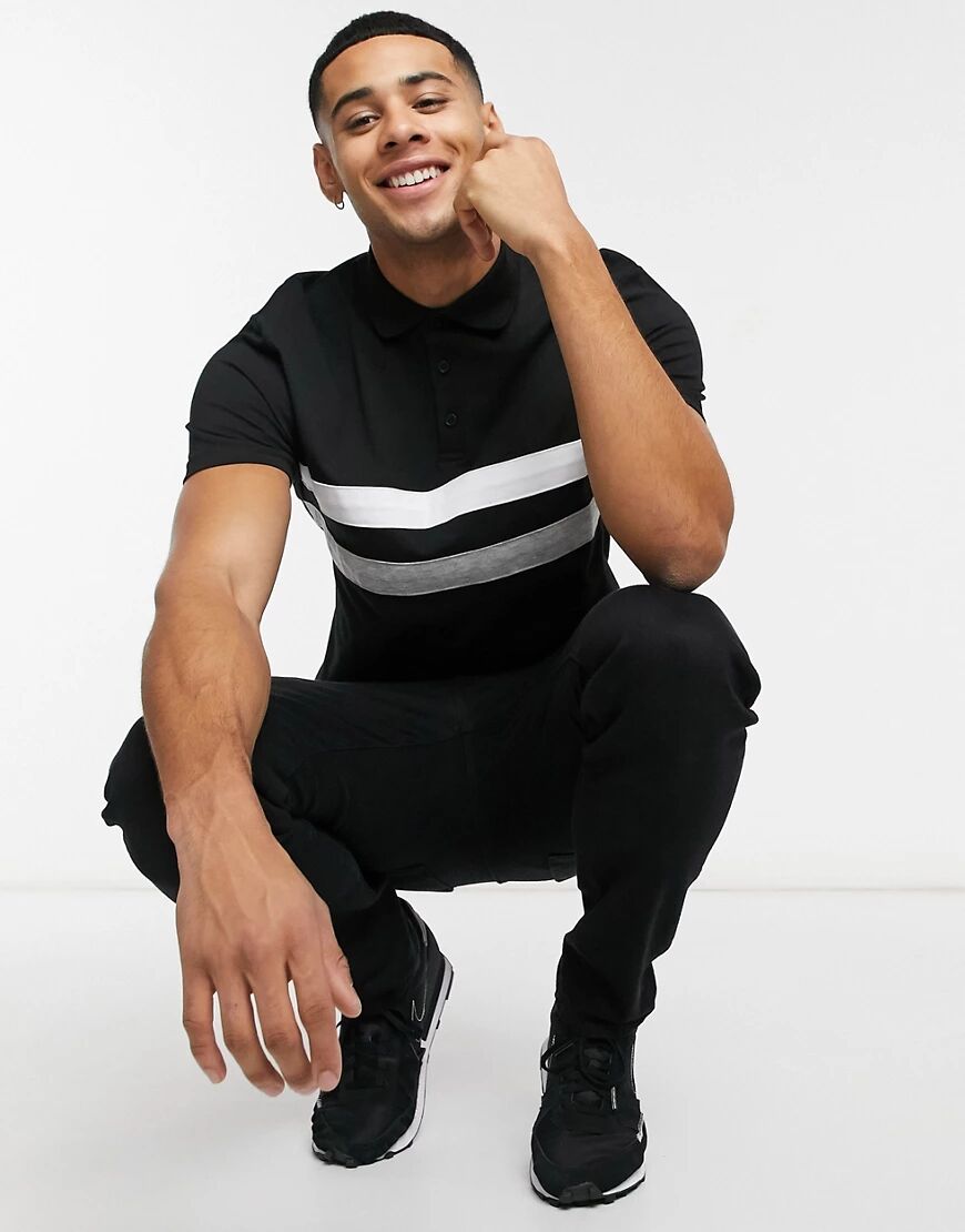ASOS DESIGN polo t-shirt in black with contrast panels  Black