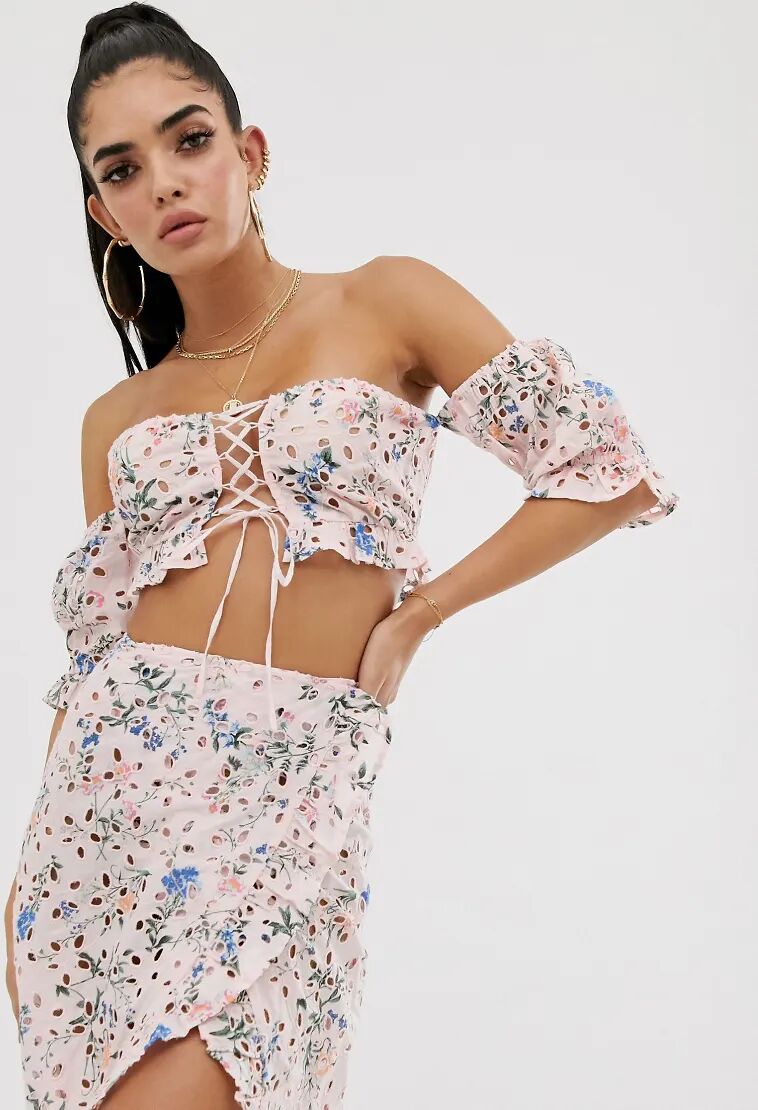 ASOS DESIGN premium bardot beach crop top with puff sleeves & lace up in floral broderie co-ord-Multi  Multi