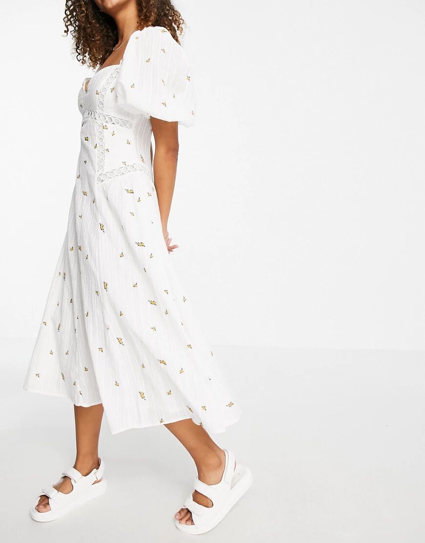 ASOS DESIGN Premium puff sleeve trapeze midi dress with shirred sides in ditsy embroidery-White  White