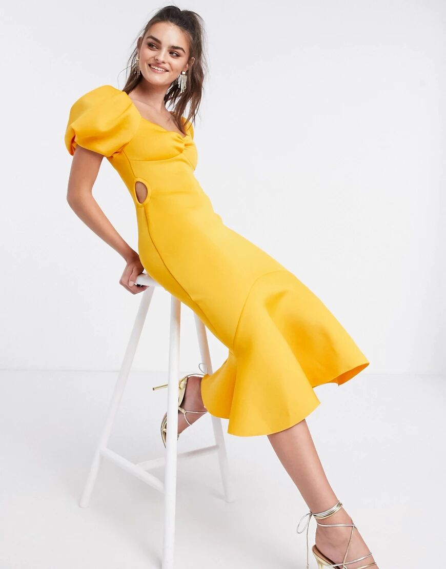 ASOS DESIGN puff sleeve side cut out midi dress in marigold-Multi  Multi