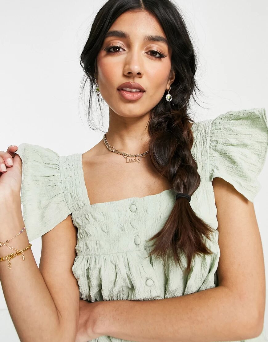 ASOS DESIGN puff textured button through ruffle sun top in sage-No colour  No colour