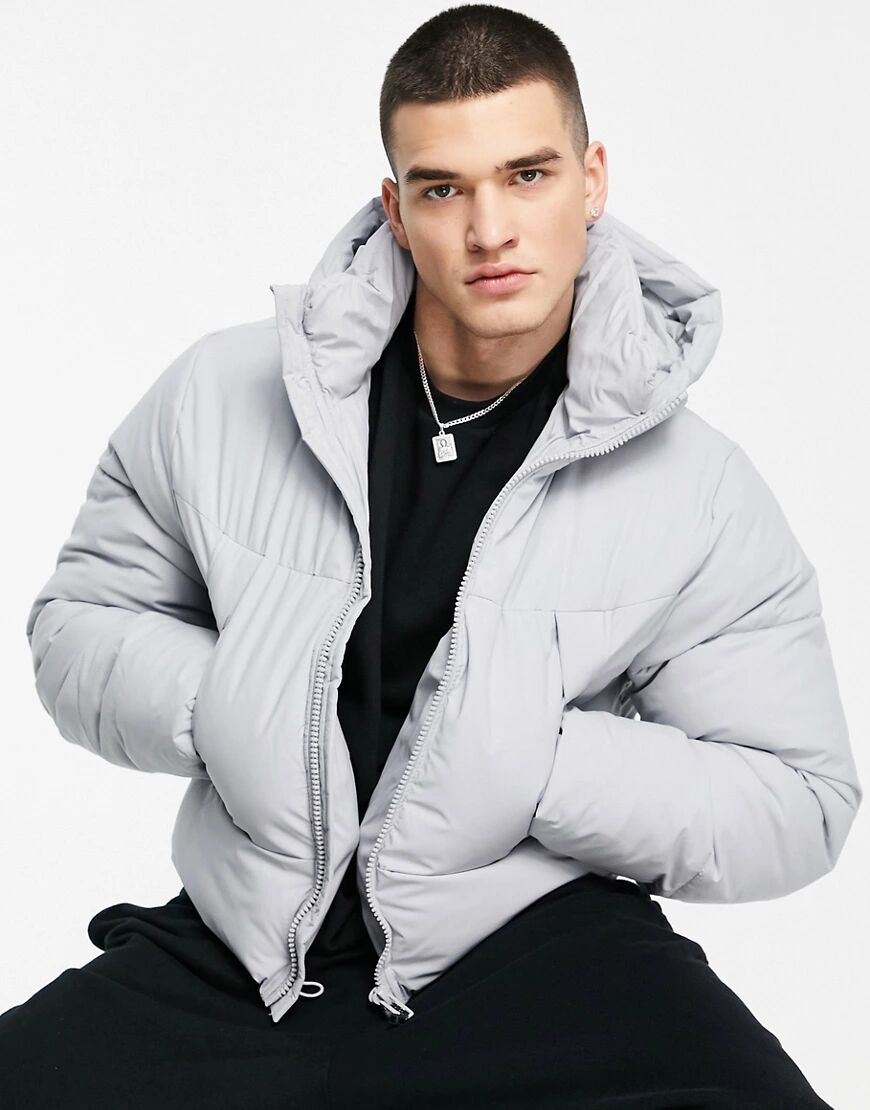 ASOS DESIGN puffer jacket with hood in grey  Grey