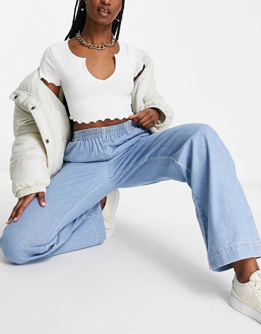 ASOS DESIGN pull on wide leg jeans in brightwash-Blue  Blue