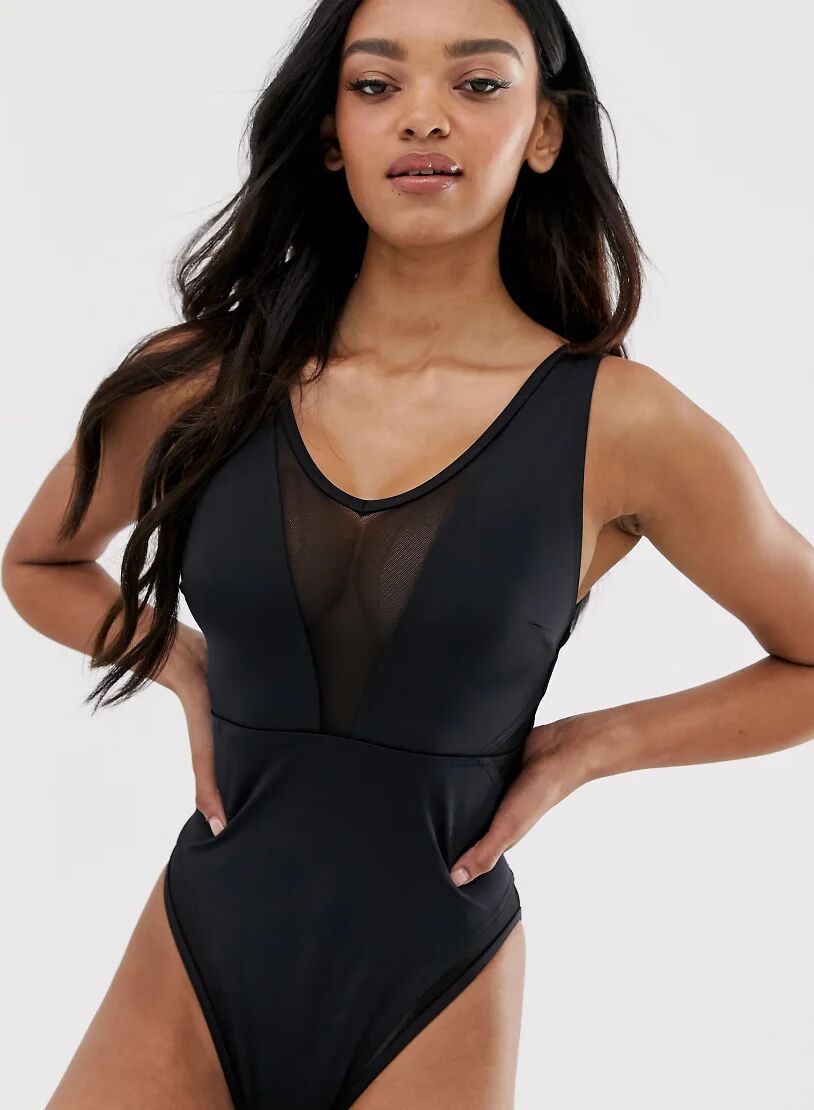 ASOS DESIGN recycled fuller bust exclusive mesh insert swimsuit in black dd-g  Black