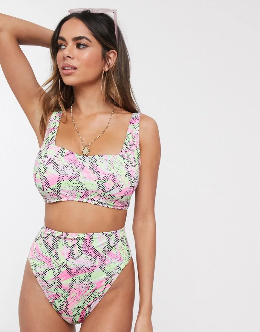 ASOS DESIGN recycled fuller bust square crop underwire bikini top in marble snake dd-g-Multi  Multi