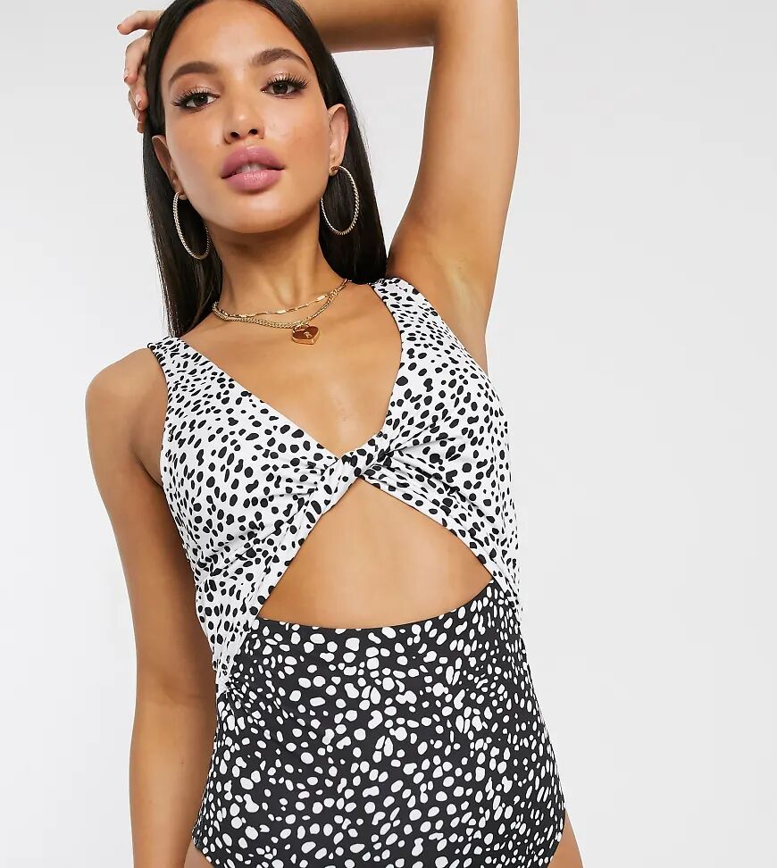 ASOS Tall ASOS DESIGN recycled tall twist front cut out swimsuit in mixed mono spot print-Multi  Multi