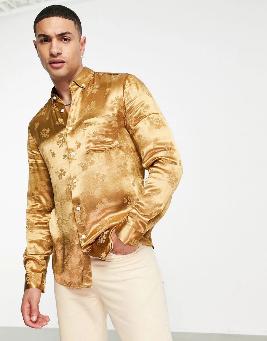 ASOS DESIGN regular fit shirt in bronze floral jacquard-Brown  Brown