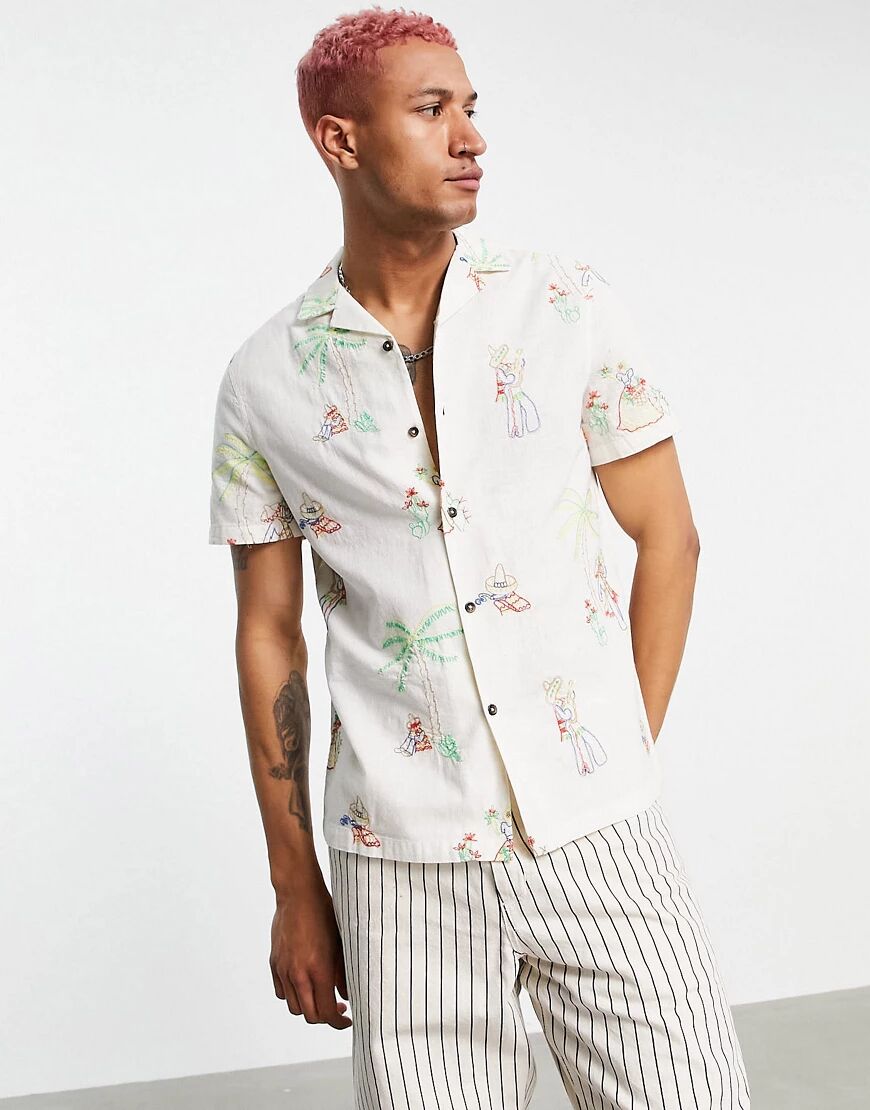 ASOS DESIGN regular linen mix shirt with embroidery sombero print-Neutral  Neutral