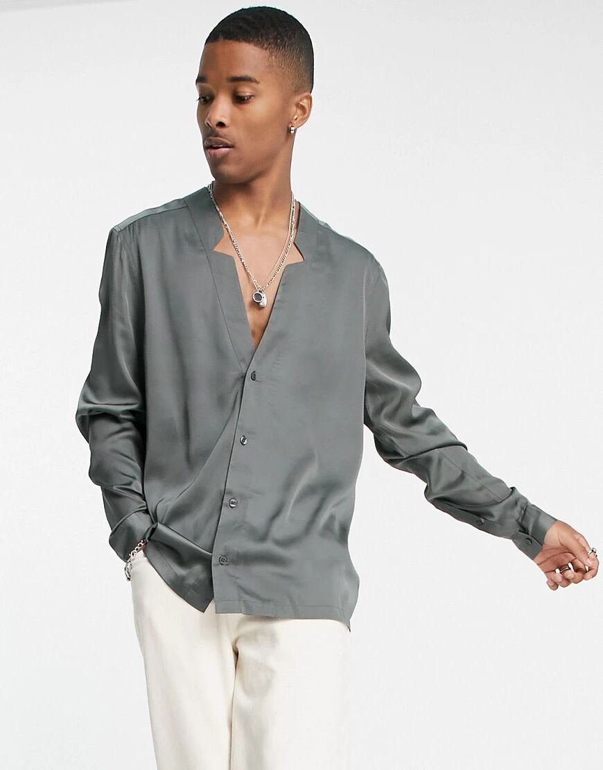ASOS DESIGN regular shirt with notch neck in satin-Grey  Grey