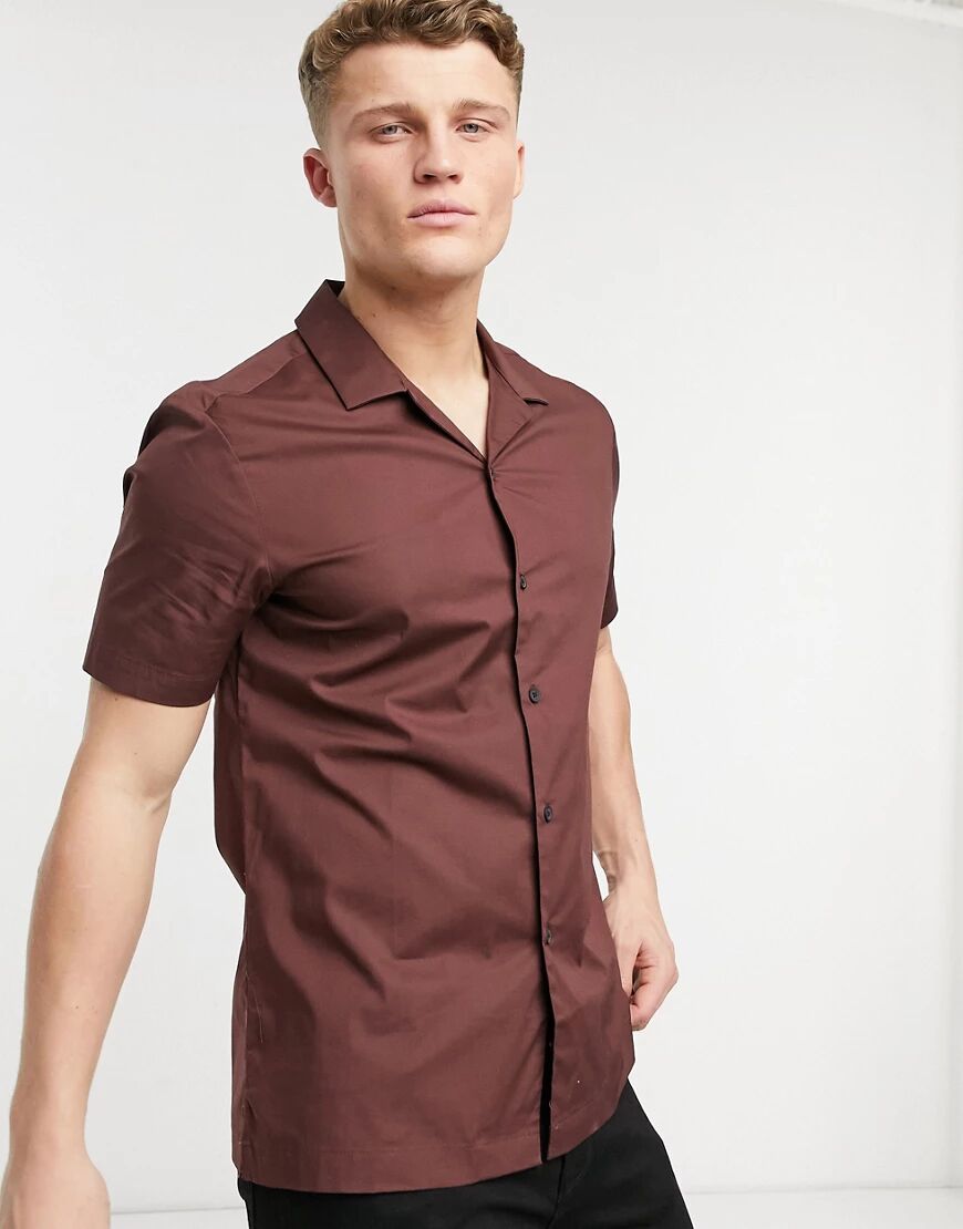 ASOS DESIGN regular short sleeve shirt with revere collar in deep brown  Brown