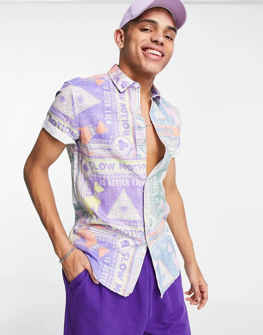 ASOS DESIGN regular standard collar linen shirt in postcard pastel mix and match print-Purple  Purple