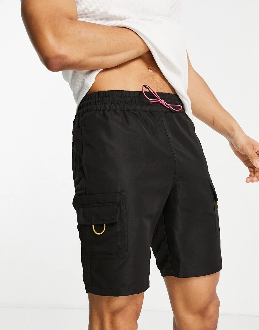 ASOS DESIGN relaxed fit cargo shorts with contrast trims-Black  Black