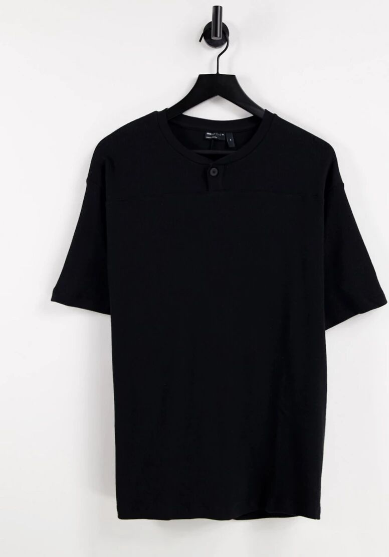 ASOS DESIGN relaxed fit short sleeve waffle t-shirt with grandad collar in black  Black