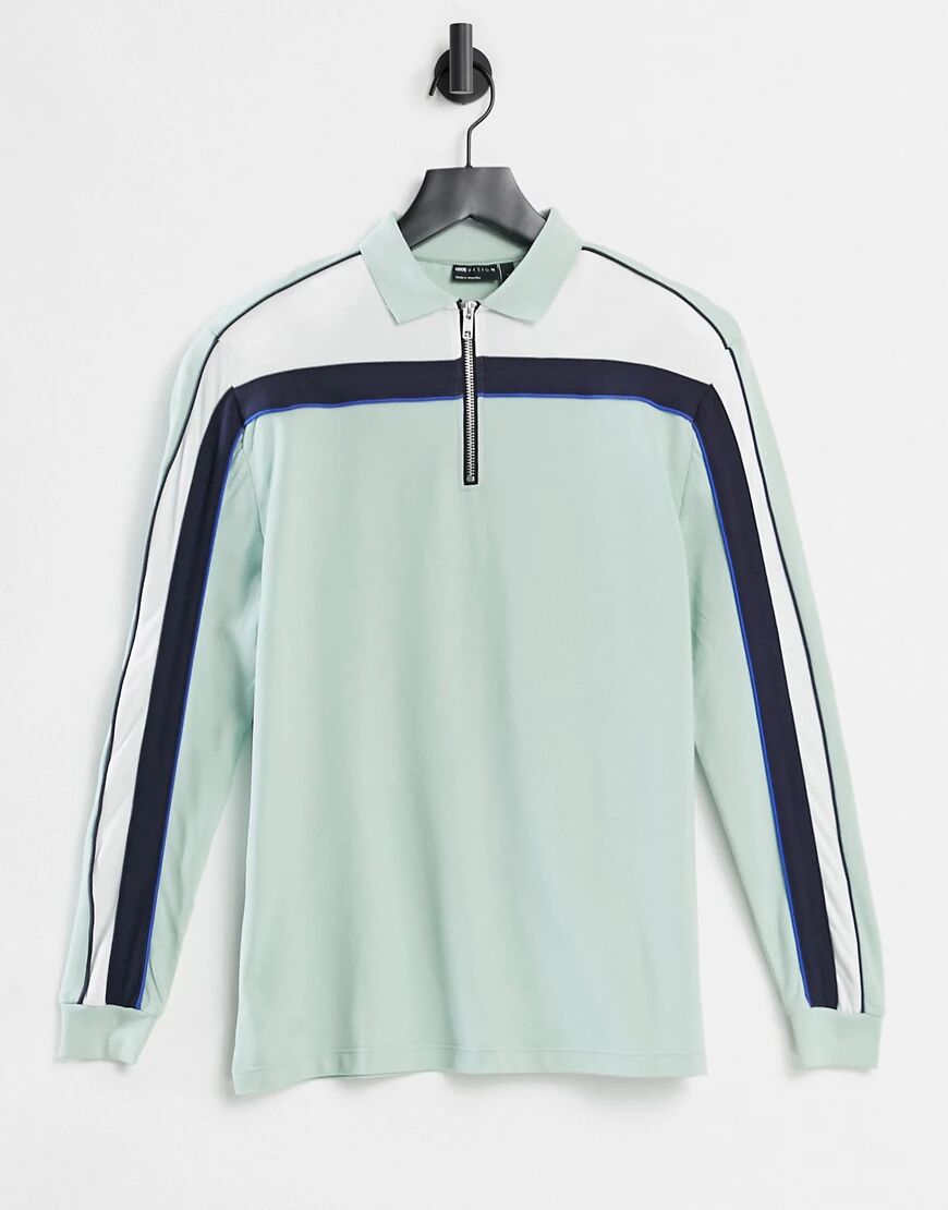ASOS DESIGN relaxed long sleeve polo shirt with zip neck in body panels in pastel green  Green
