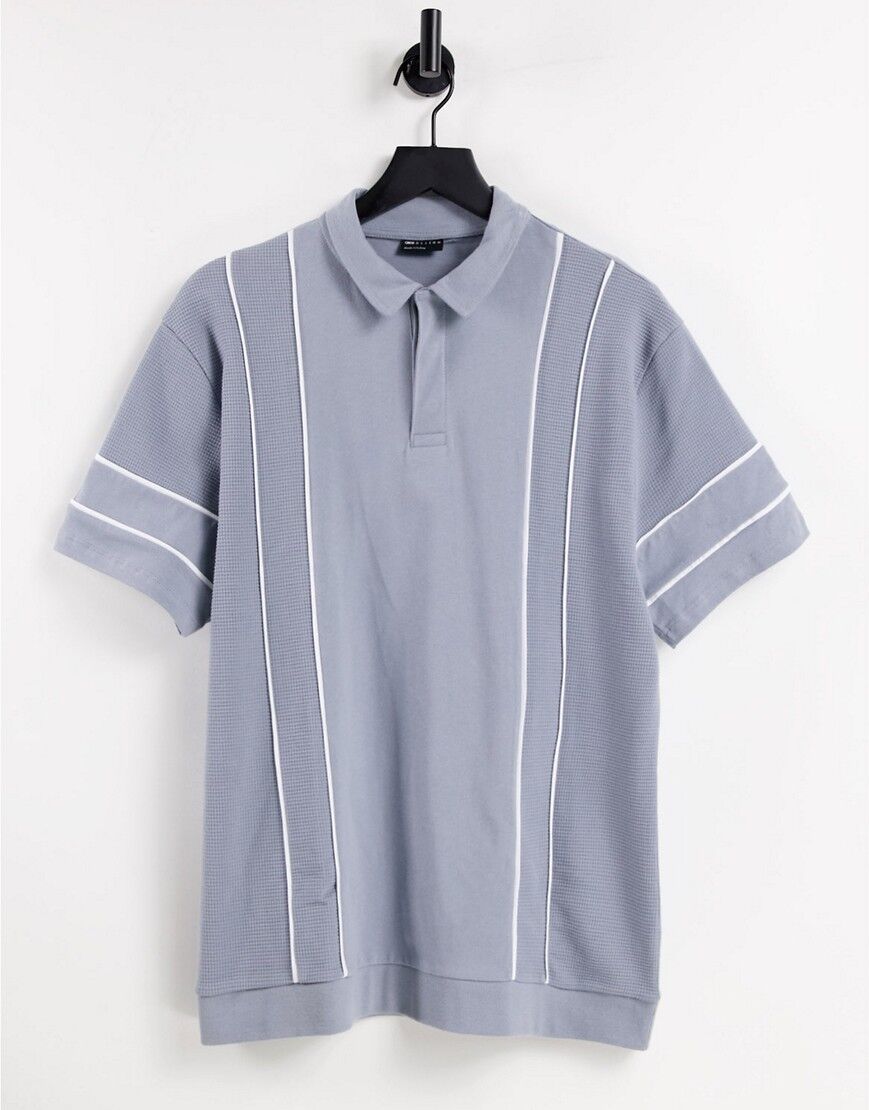 ASOS DESIGN relaxed polo with cut and sew waffle panels and piping in grey blue  Grey